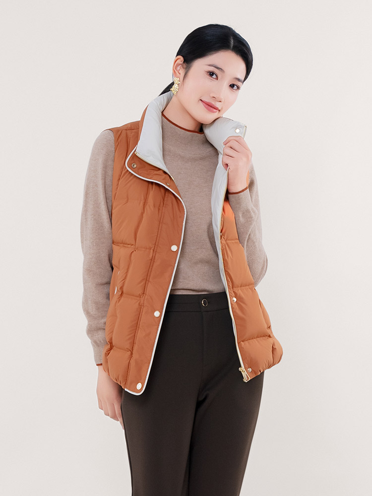 K&CH纤牌女装2023冬季新款高级鸭绒背心宽松立领保暖防风羽绒服