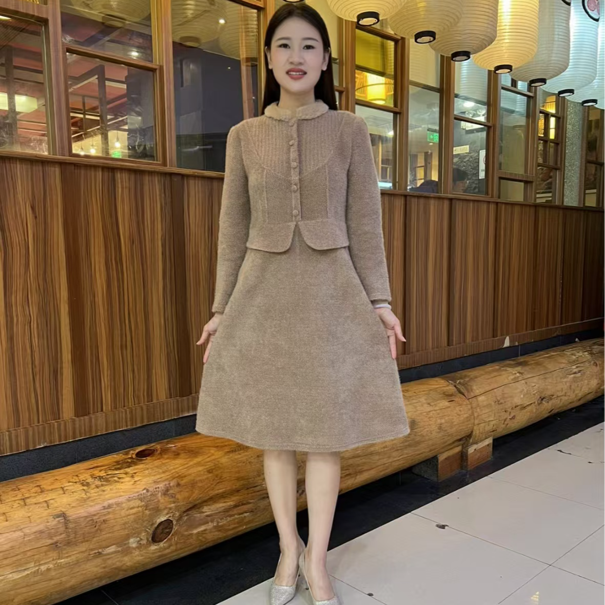 冬季新款水晶绒假两件裙子半高领长款连衣裙