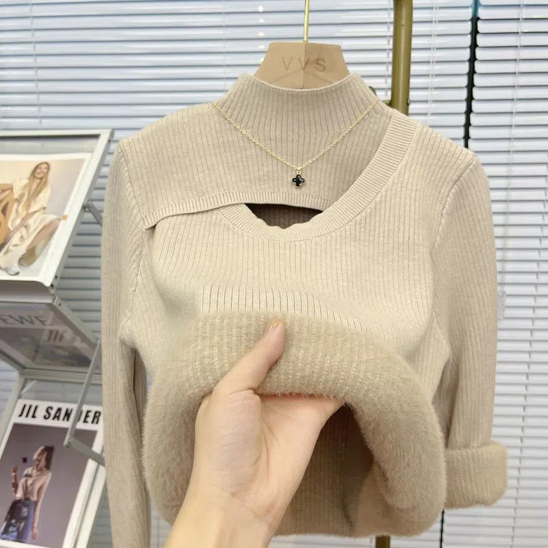 新品秋冬季爆款半高领时尚加绒加厚百搭打底针织衫小心机修身毛衣