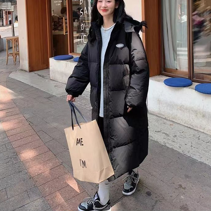 冬装新款黑色棉衣女中长款过膝韩版棉袄宽松连帽加厚时尚百搭棉服