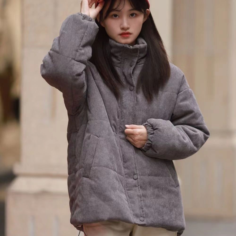 灯芯绒棉服女帽子立领派克服外套女冬23年新款加厚棉衣棉袄小个子