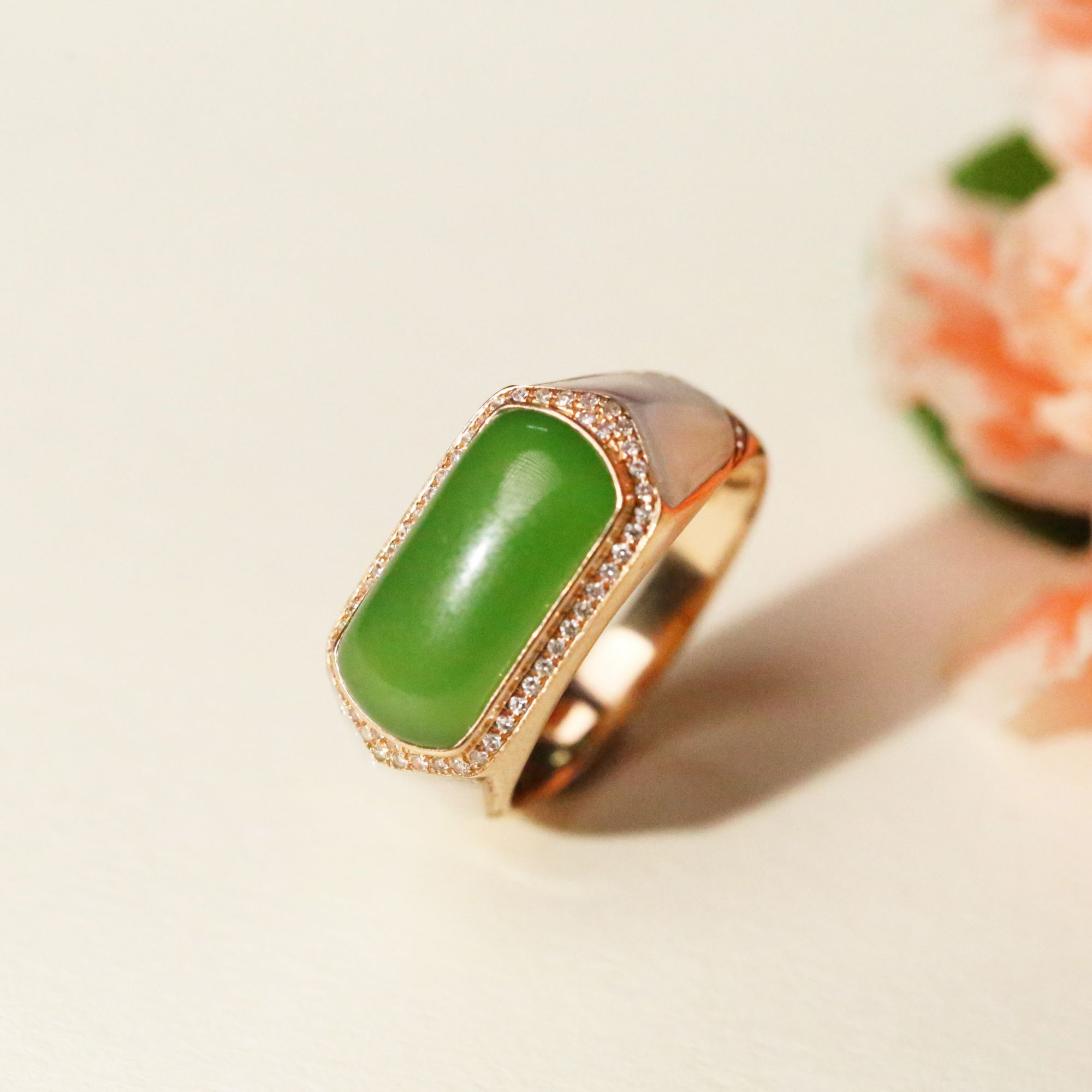 吴小吴珠宝【青瑶】 18K金+和田玉碧玉戒指绿色镶嵌简约气质