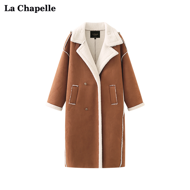拉夏贝尔LaChapelle复古翻领保暖机车风长款皮毛一体外套女冬季
