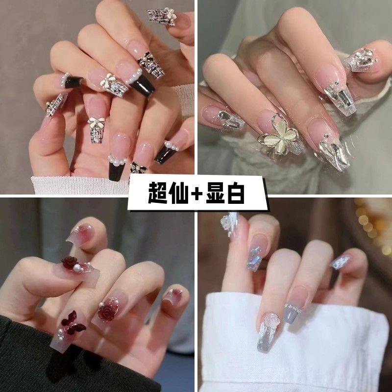 美甲穿戴甲2023新款超仙显白闪钻山茶花中长款美甲片假指甲贴H550