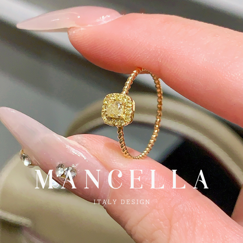 曼契拉【方形黄钻冰糖戒指】18k麻花扭臂气质时尚小众精致戒指 K13