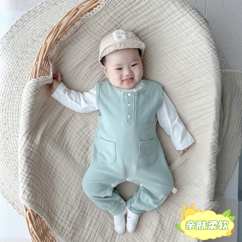 婴儿男宝连体裤背带裤保暖外出衣服宝宝哈衣无袖衣连体衣女宝