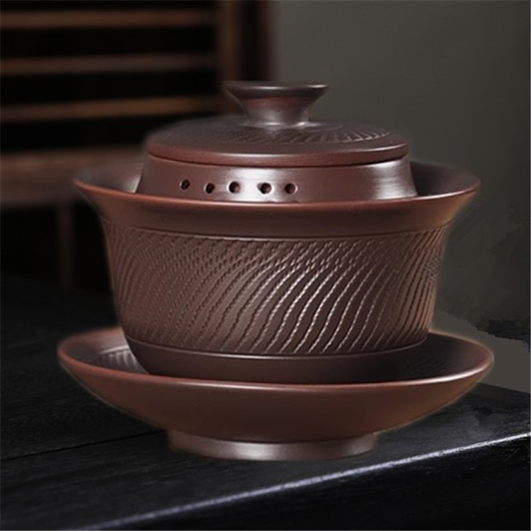 新款紫陶盖碗创意跳刀三才盖碗高档家用大容量泡茶碗复古泡茶器商品图