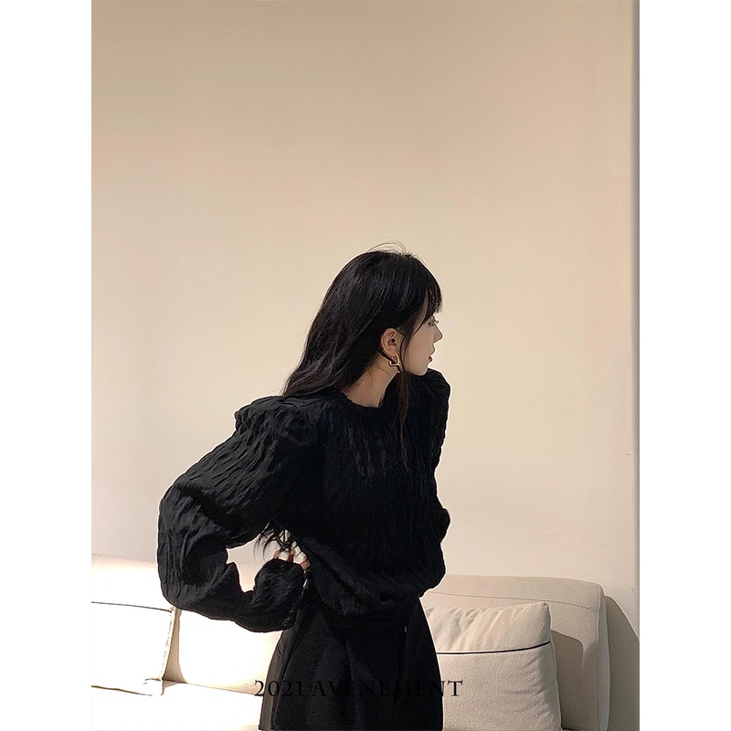 AVENEMENT高级感气质黑色长袖衬衫女设计感小众宽松显瘦上衣春季