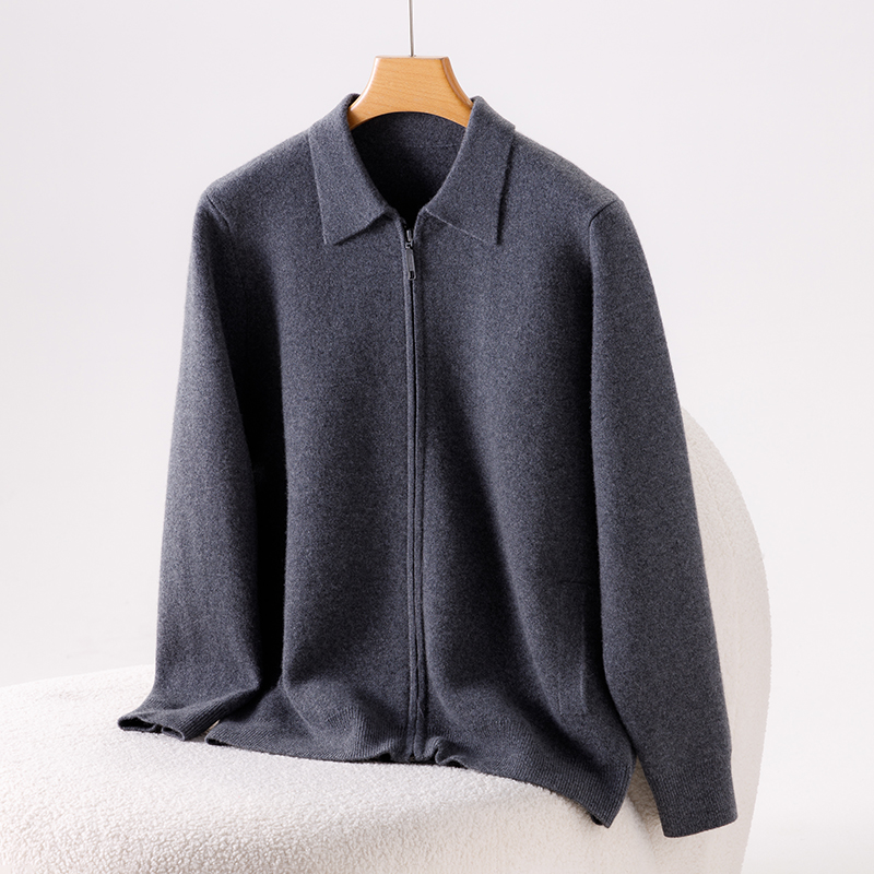 100%纯山羊绒商务翻领空气层外套加厚保暖开衫JH383