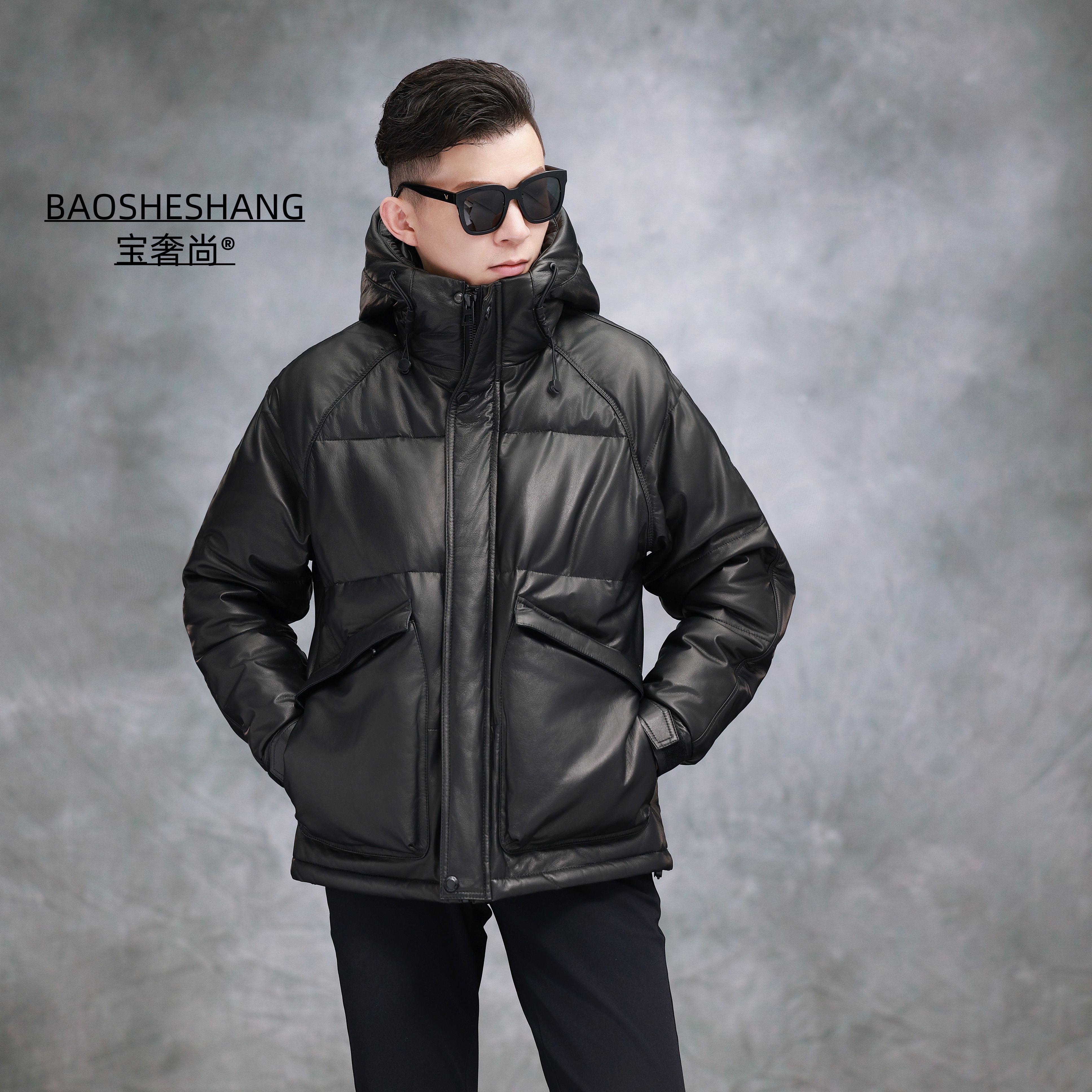 BAOSHESHANG/宝奢尚头层小牛皮男士真皮连帽白鹅绒服休闲冬季保暖