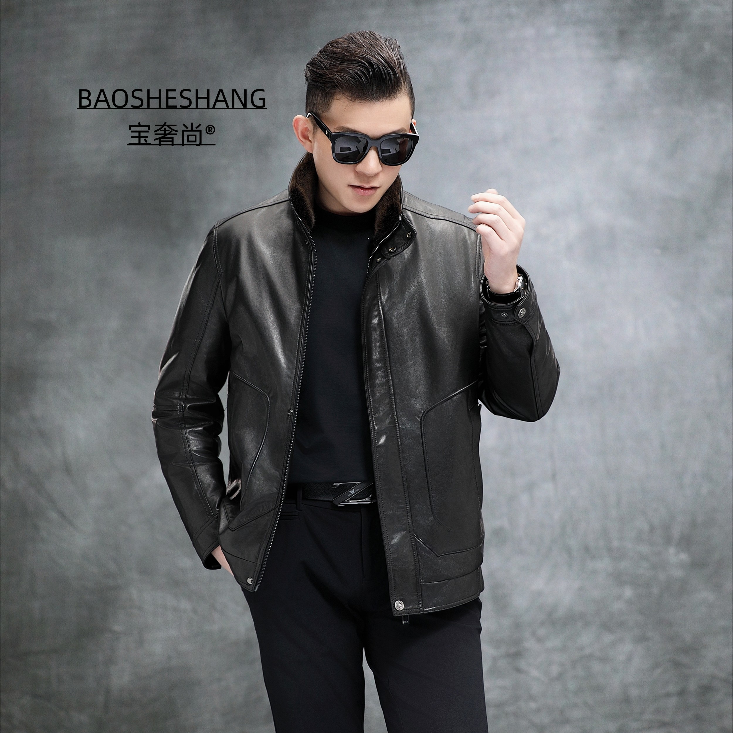 BAOSHESHANG/宝奢尚23202【白鹅绒】头层小山羊皮真皮夹克水貂毛领