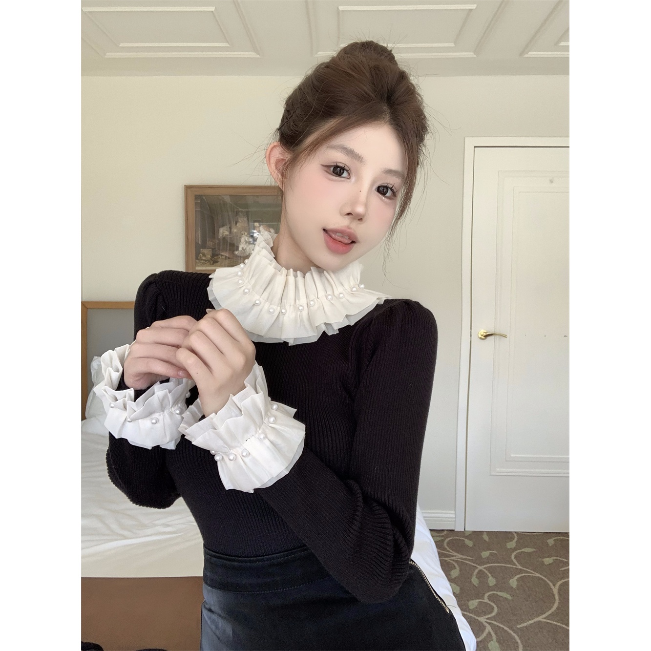 法式高级感钉珠花边打底毛衣高领荷叶边爆款女士打底衫针织衫加绒