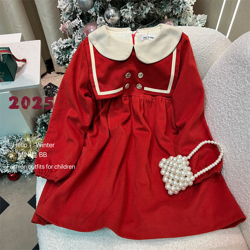 mini旦女童连衣裙冬装新款韩版加绒红色洋气新年装宝宝海军风裙子