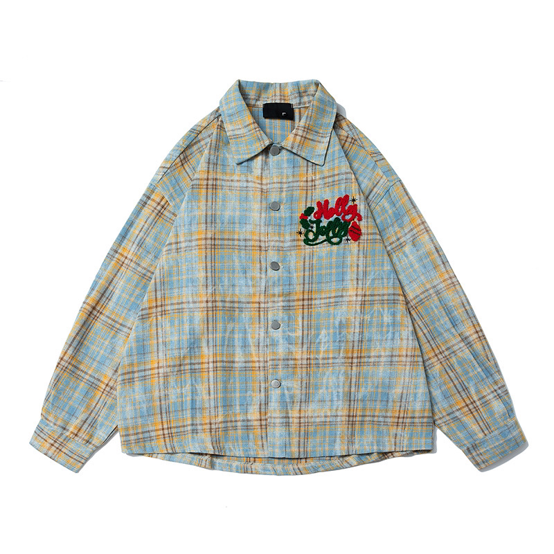 Jimei·美式复古格子刺绣开衫衬衣外套·中性风【黑粉色】