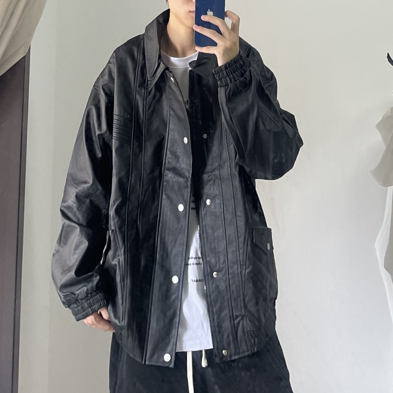 Jimei·复古金属设计PU皮翻领皮衣夹克外套·推荐款