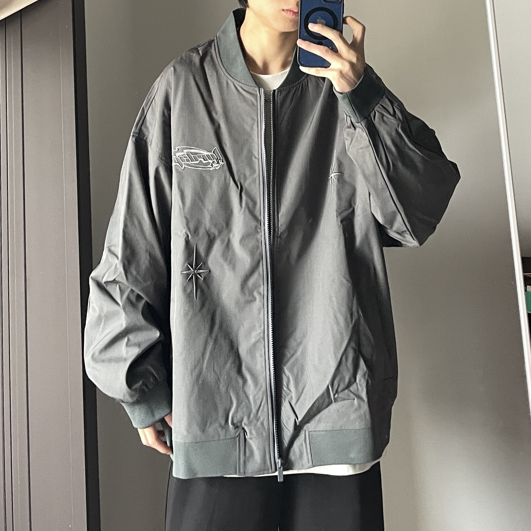 Jimei·个性复古刺绣设计飞行员夹克外套·情侣款【推荐款】2色
