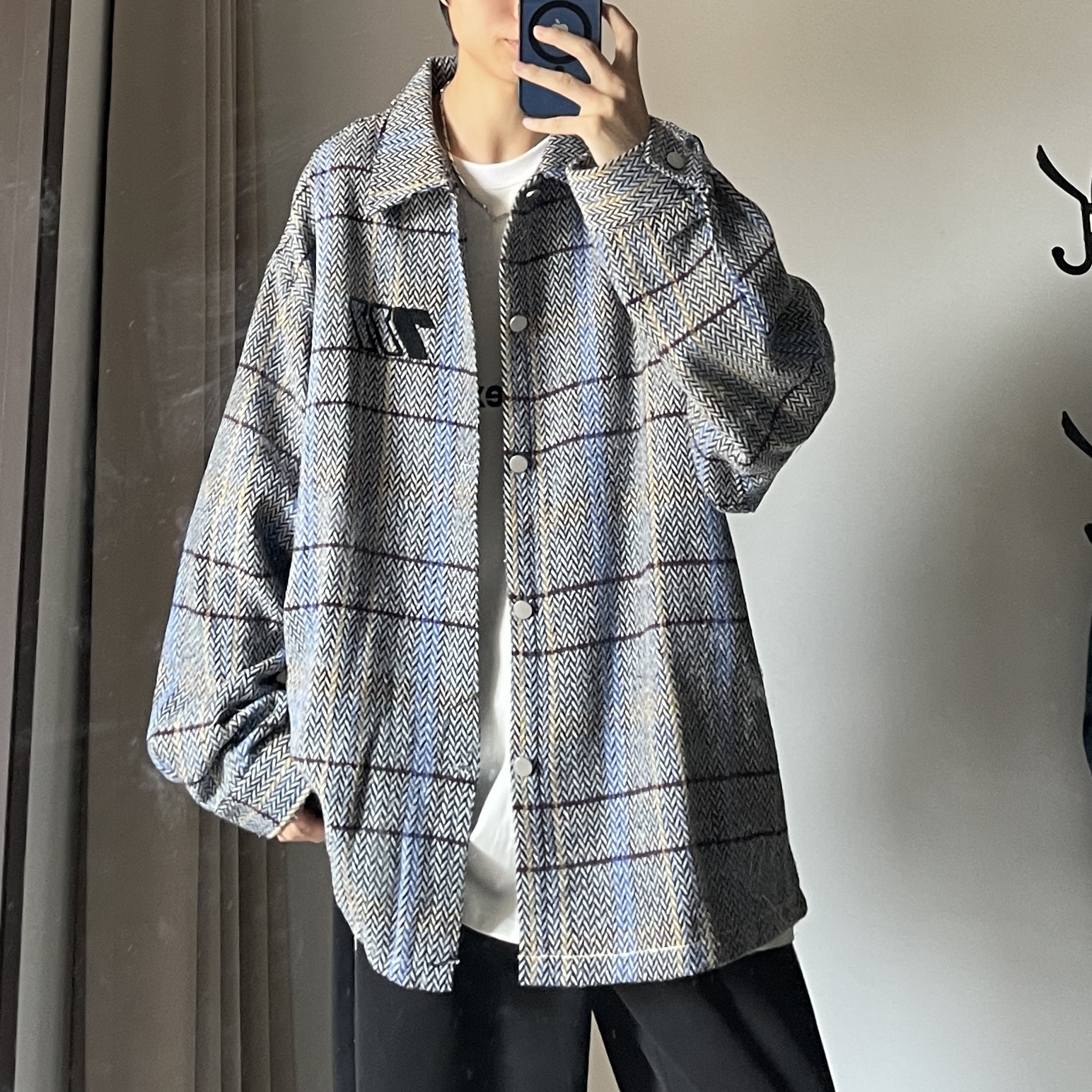 Jimei·秋季新款小众印花设计格纹长袖夹克外套【小众款】