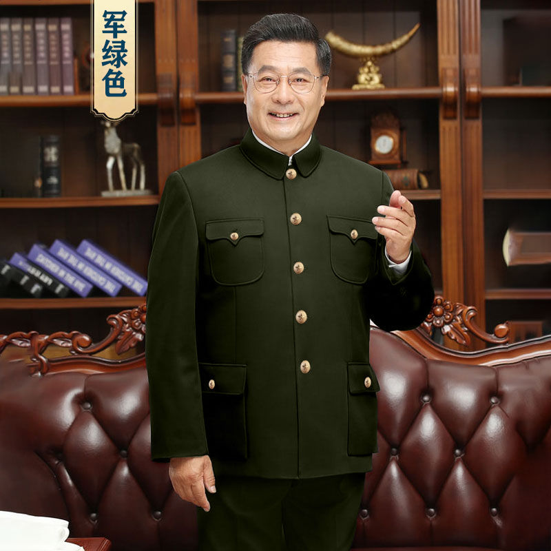 绿色中山装男中老年套装春秋款外套爸爸装中老年人中山服国风