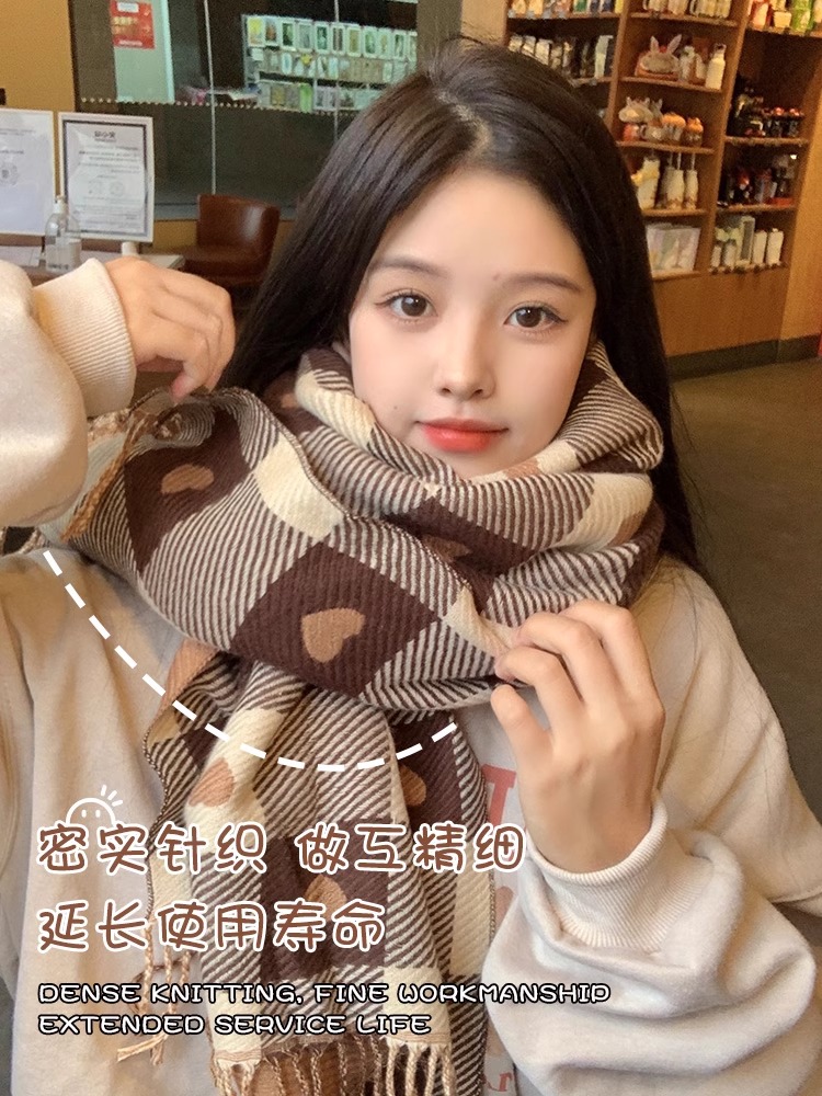 高品质双面格子爱心围巾女秋冬季时尚韩版潮百搭加厚两用围脖披肩