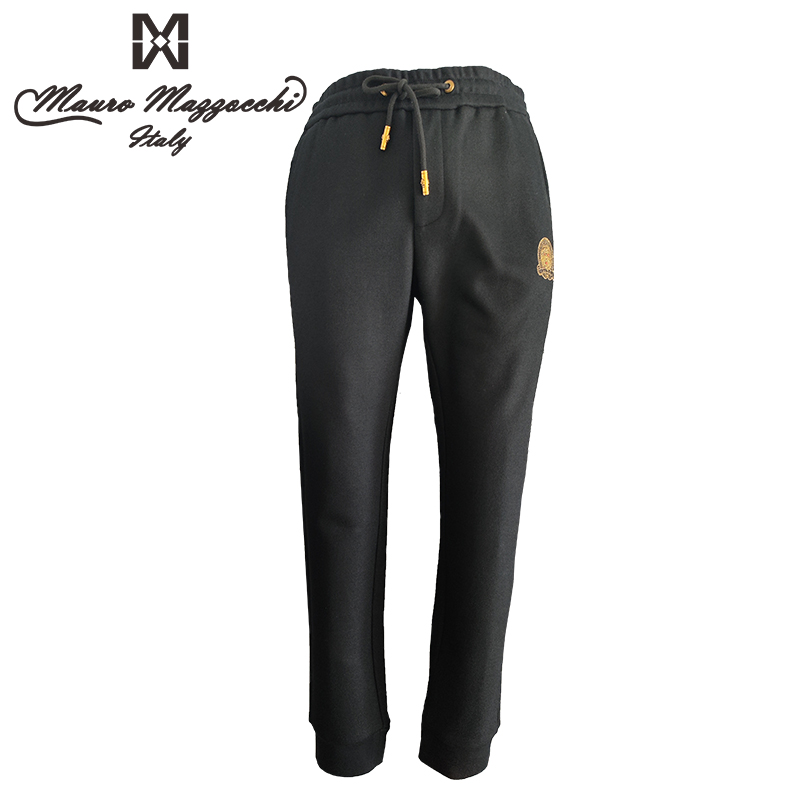 Mauro/玛路刺绣烫钻男士针织休闲裤时尚休闲修身百搭秋冬黑色2309