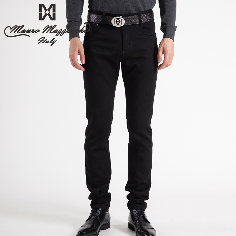 Mauro/玛路官方正品男装刺绣男士休闲裤简约修身加绒秋冬黑色0308