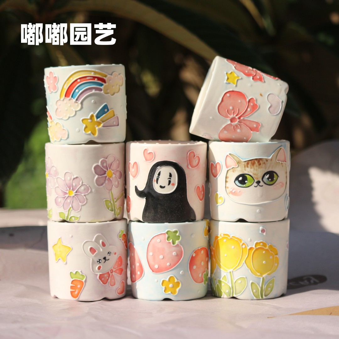 嘟嘟原创景德镇濑户烧 X M老师清新花卉卡通透气5-10口径圆柱花盆