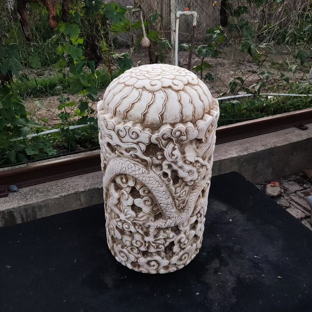 汉白玉盘龙柱仿古石雕工艺品摆件 