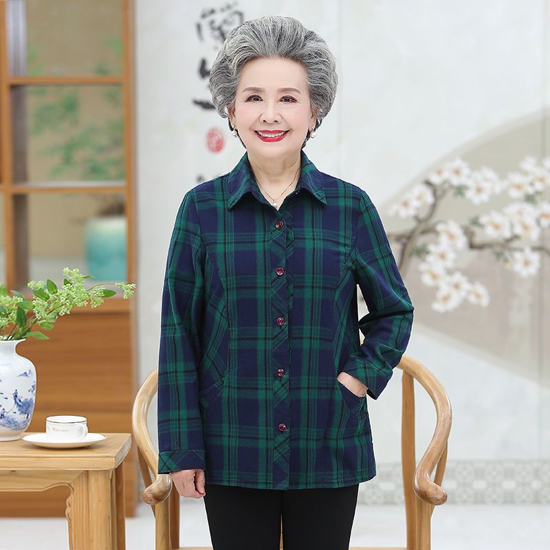 春秋装老年人纯棉衬衫妈妈长袖薄外套奶奶装老人老太太开衫女