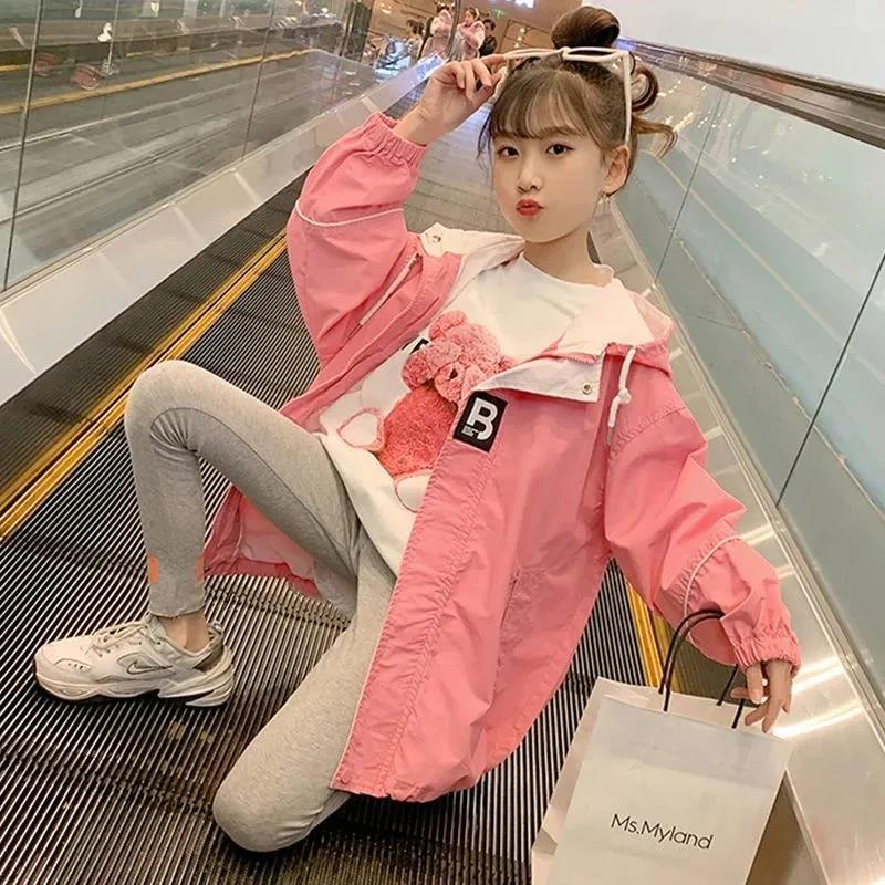 巴拉女童中大童休闲外套2023春装新款小女孩宽松连帽风衣中大童开