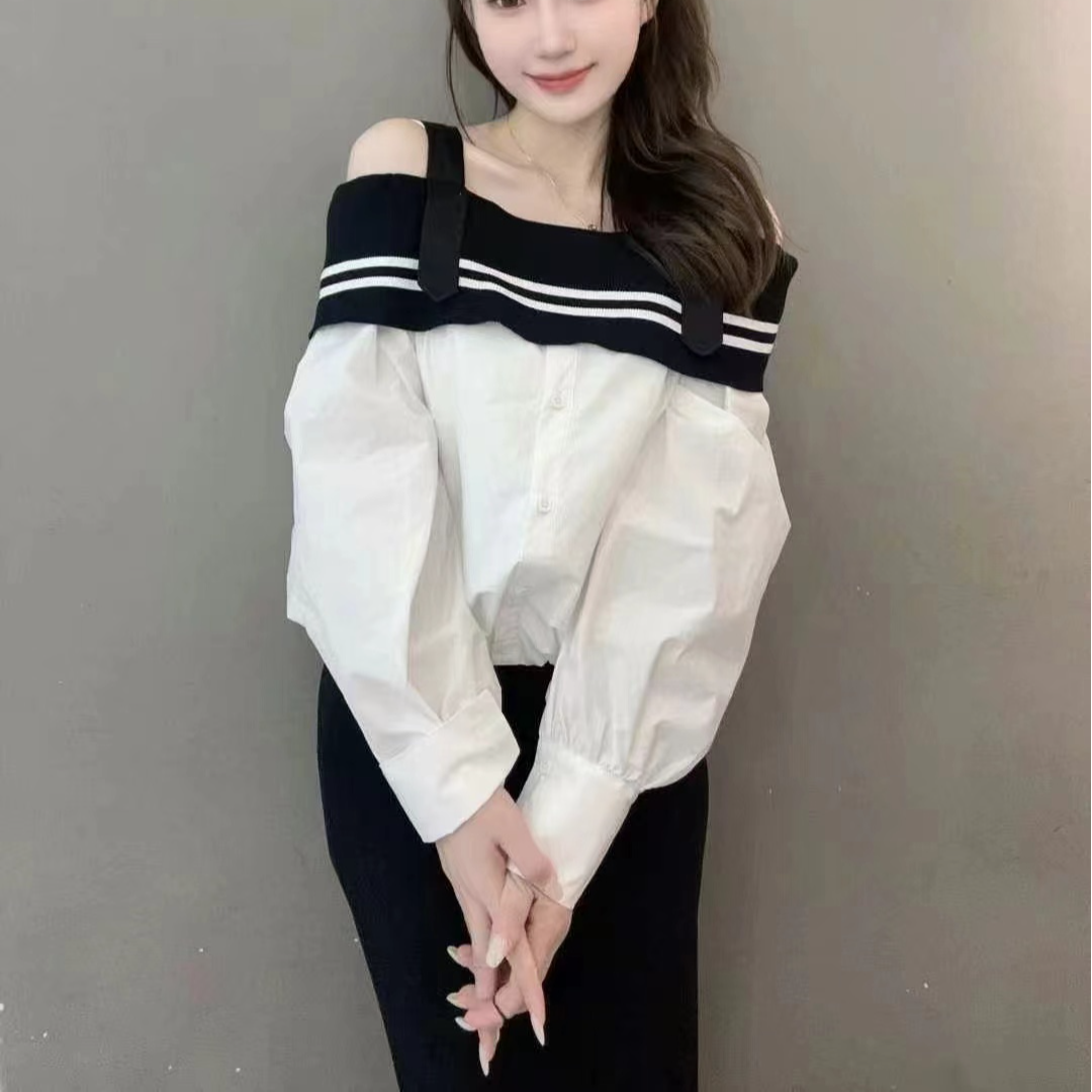 2024秋季甜美风小露肩吊带长袖衬衣
