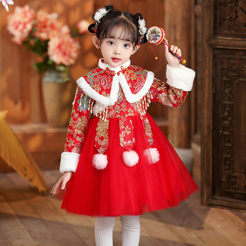 女童汉服连衣裙冬季款加绒加绒改良兔年唐装中国风新年女童拜年服