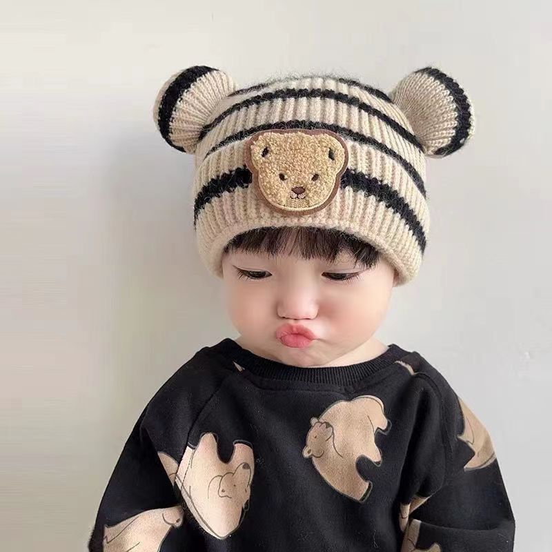秋冬季韩版婴儿可爱条纹小熊保暖帽儿童宝宝同款双球针织超萌帽子