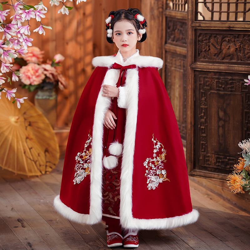 冬季2023新款中大童外出加厚斗篷公主裙古风拜年服女童汉服连衣裙