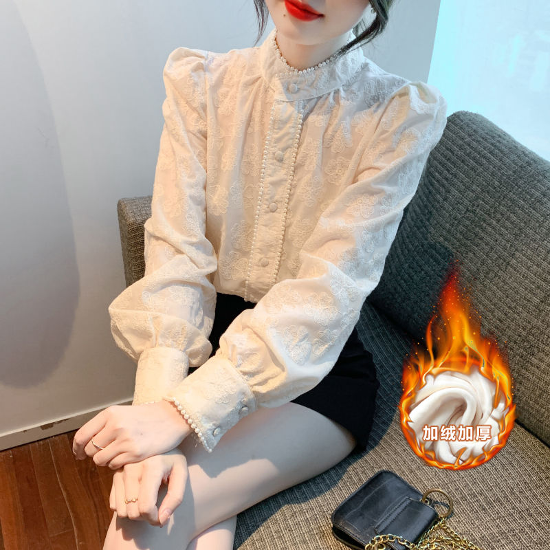 2024秋冬新款加绒加厚立领钉珠蕾丝雪纺衫长袖上衣简约打底衬衣