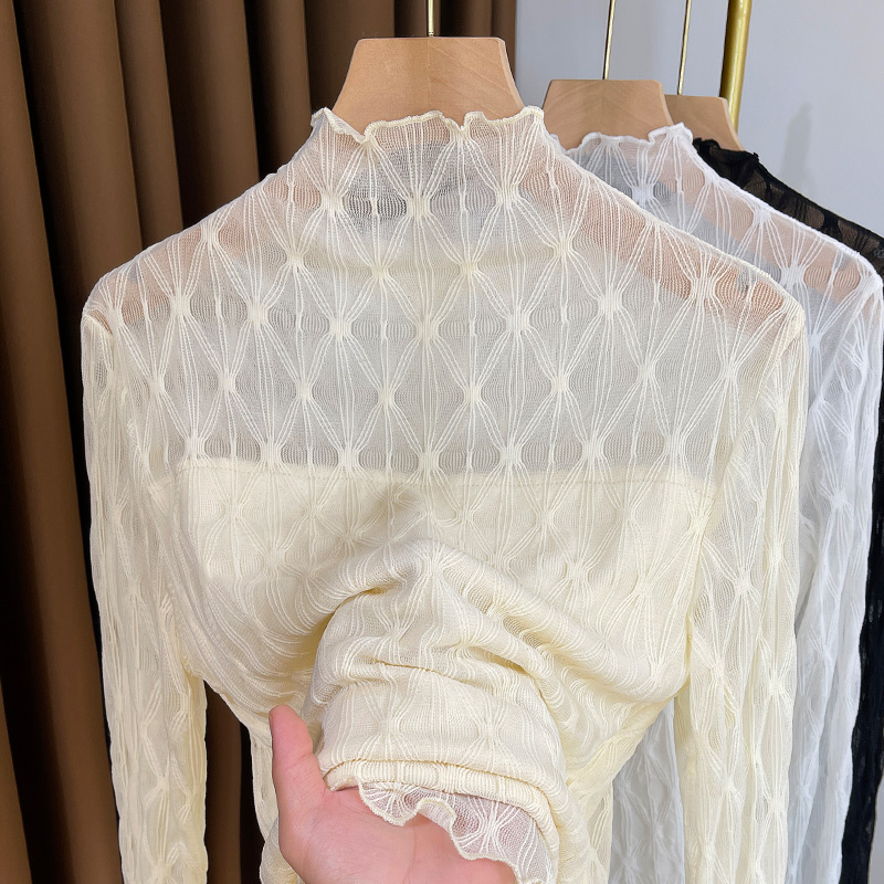 半高领加绒蕾丝内搭小衫女秋冬2024新款加厚保暖洋气网纱打底衫女