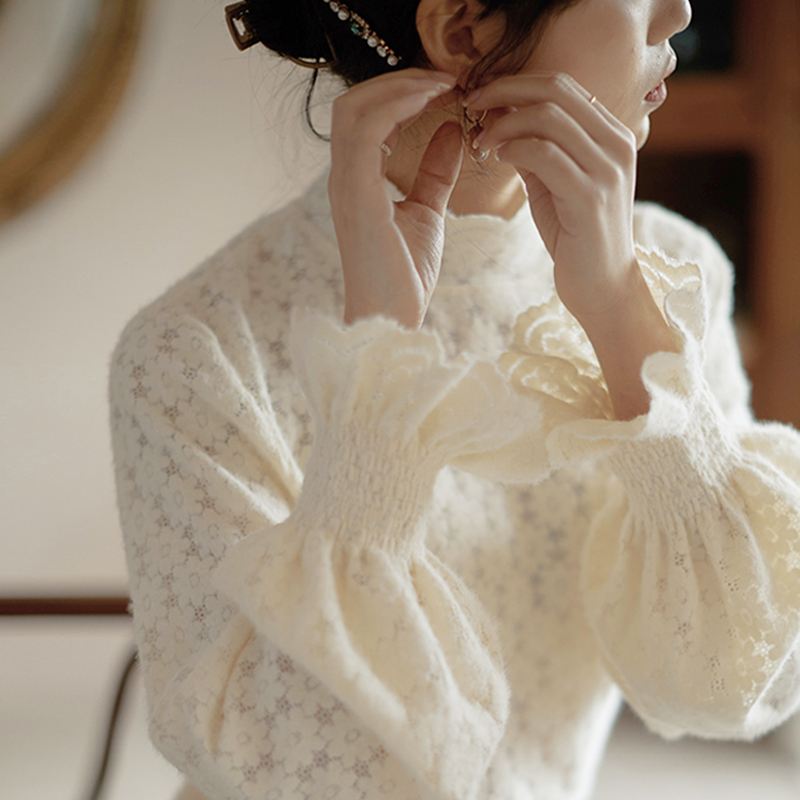 复古宫廷风半高领蕾丝打底衫女秋冬2023新款内搭磨毛加绒加厚上衣