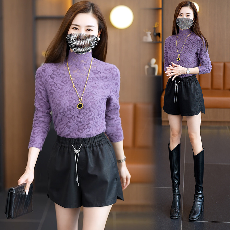 女装秋冬蕾丝打底衫t恤2023年新款时尚内搭洋气长袖上衣半高领