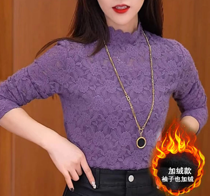加绒加厚半高领蕾丝打底衫洋气上衣修身气质显瘦内搭新款显瘦减龄