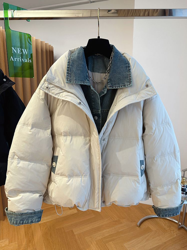 2023新款棉服宽松休闲牛仔拼接假两件羽绒服女冬季短款面包服外套