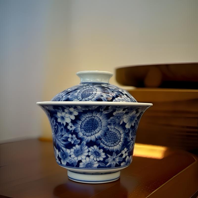 青花陶瓷二才盖碗万花不落地全手工瓷盖碗