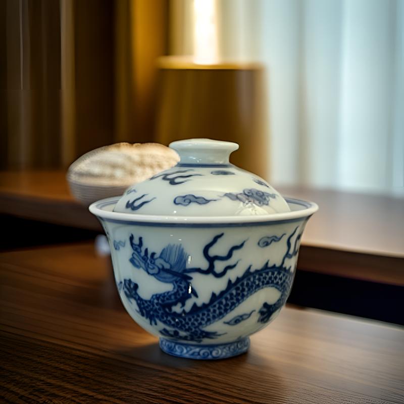 青花柴窑云龙小盖碗 二才 茶具纯手工瓷盖碗全手工陶瓷