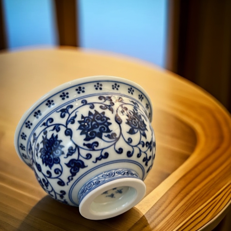 青花缠枝花卉压手杯 主人杯 茶杯 茶具个人品茗杯手工茶杯