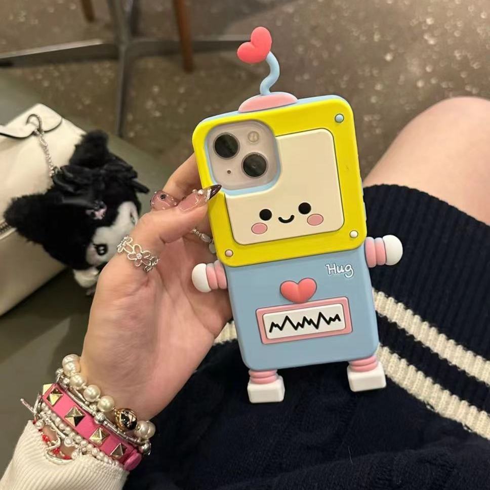 卡通黄蓝机器人心电图适iPhone15promax手机壳苹果14新13软12/11