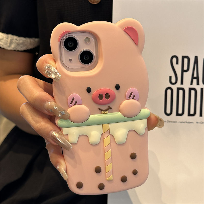 立体奶茶小猪iPhone15promax手机壳硅胶苹果14全包i13硅胶i12软壳