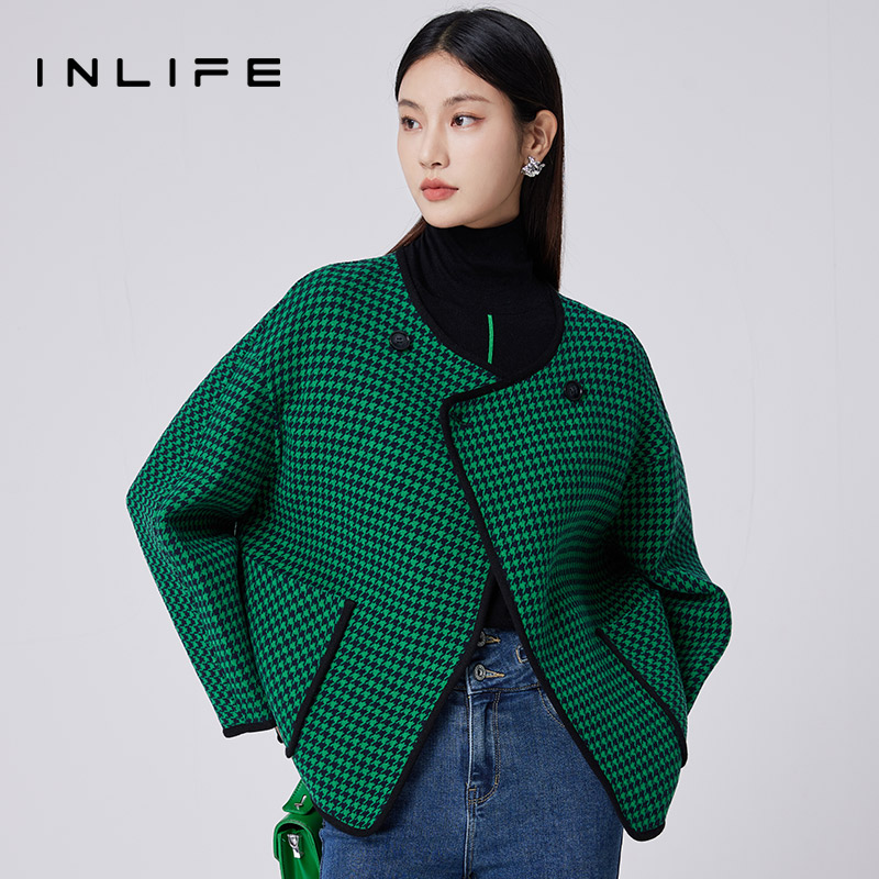 inlife短款呢子大衣女秋冬高级感小个子双面羊毛呢外套M22D1N9079