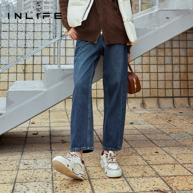 inlife美式复古高腰牛仔裤新款休闲直筒裤百搭阔腿裤W23D1K7336