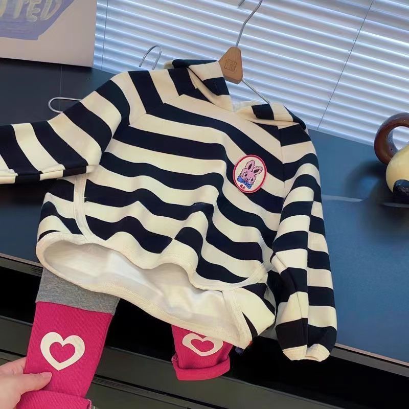 么么新款秋装新款条纹连帽卫衣拼接打底裤套装宝宝时尚百搭可爱春