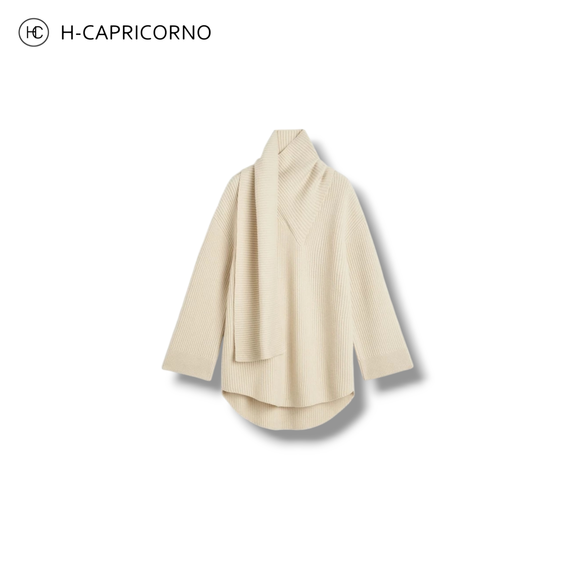 H-CAPRICORNO极简羊毛罗纹围巾领中经典款不规则设计中长款毛衣