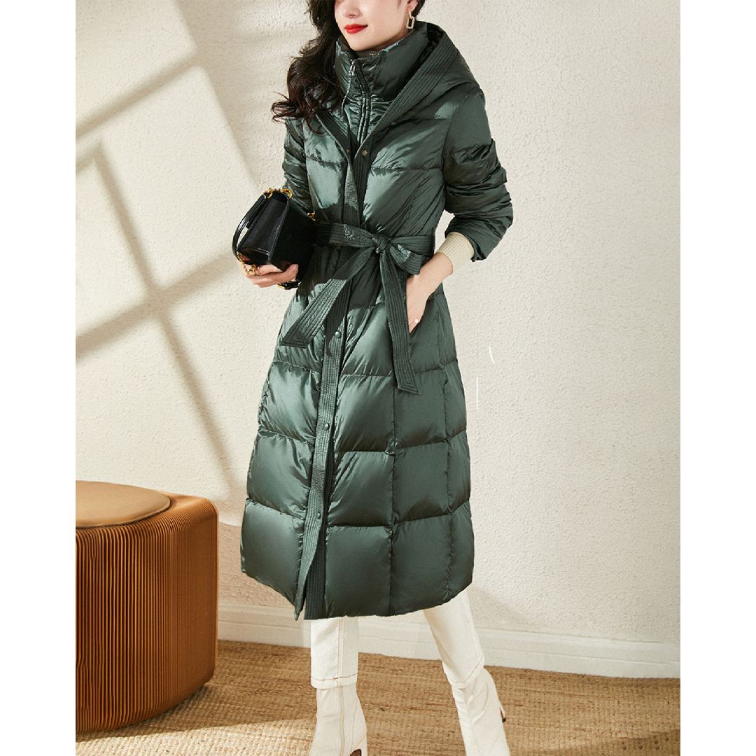 文艺亮面连帽收腰高领加厚白鹅绒长款羽绒服女款爆款2025新款正品
