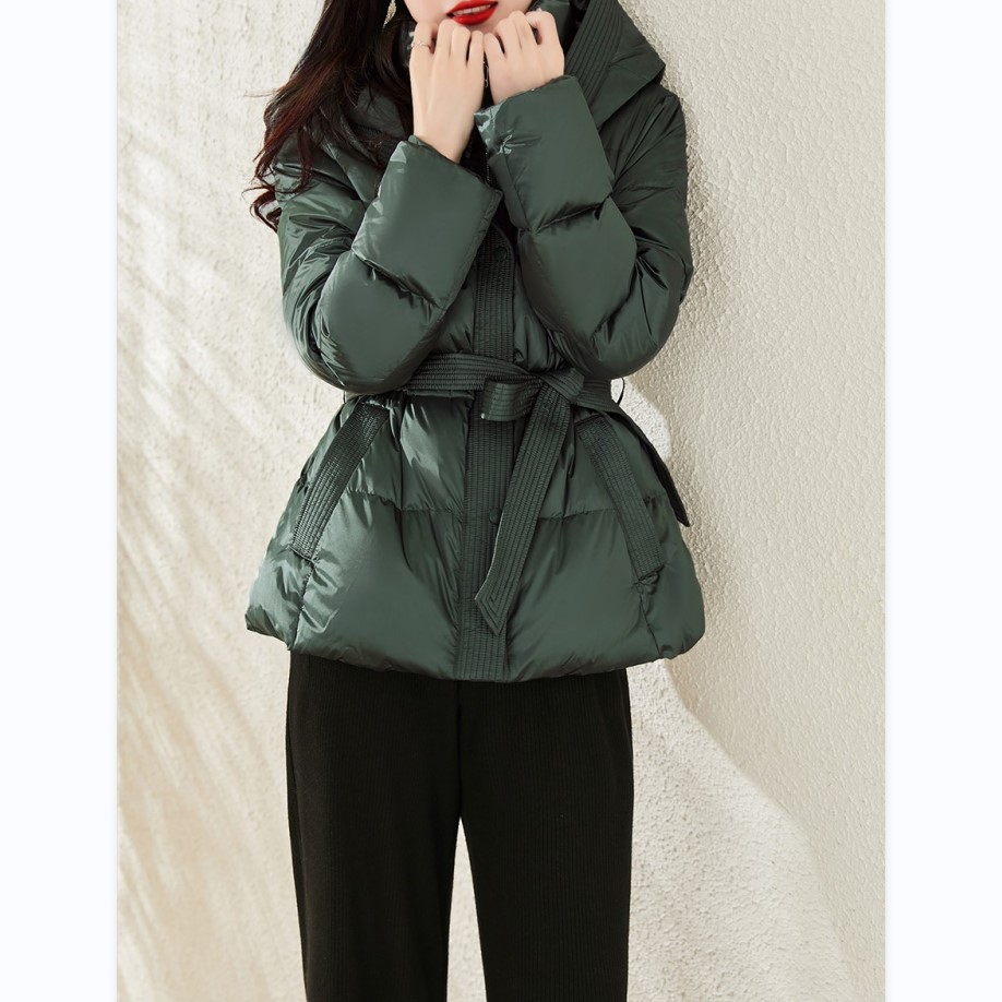 复古时尚亮面连帽休闲系带收腰加厚保暖90白鹅绒短款羽绒服女冬季